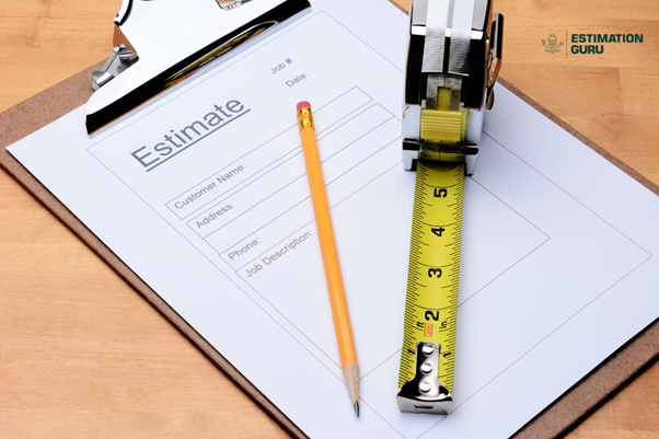 Construction estimate form with pencil and measuring tape on a clipboard