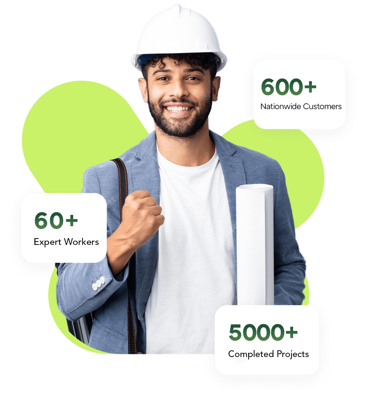 construction professional with helmet holding blueprints